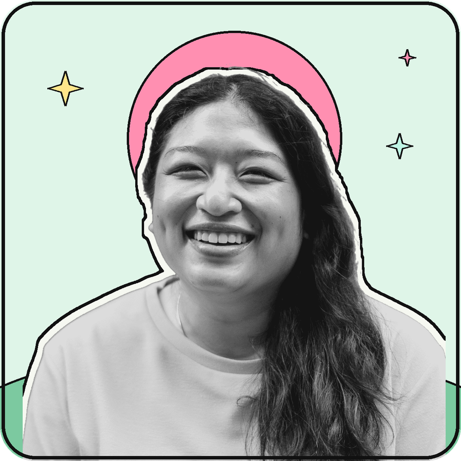 Charmaine Lacsina smiling, shown as a sticker against a mint background with a pink sun and sparkles
